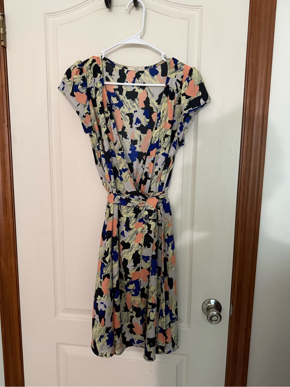 Le Lis Abstract Floral Wrap Dress in Peach, Cobalt & Black